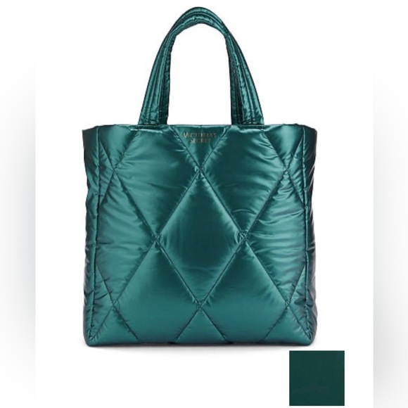 NWT Victoria’s Secret Puffer Tote. Dark Teal color with gold VS script logo. - Picture 2 of 14